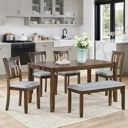 Vista 9 de Elegante juego de mesa de comedor de madera de 6 piezas con 4 sillas de respaldo de listones y un banco, juego de mesa de comedor de cocina para 6