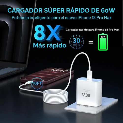 Vista 4 de Cargador para iPhone 18 Pro Max de carga rápida, 60 W iPhone Duo USB C Blanco