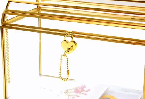 Vista 4 de Caja para tarjetas de regalo de boda con cerradura y ranura, caja de cristal dorado para boleta, donación, rifa/recepción, cerradura de seguridad
