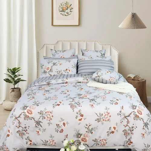 Vista 24 de FADFAY Juego de funda de edredón tamaño individual azul con flores de rosa y peonía, ropa de cama rústica con flores de peonía, juego de funda