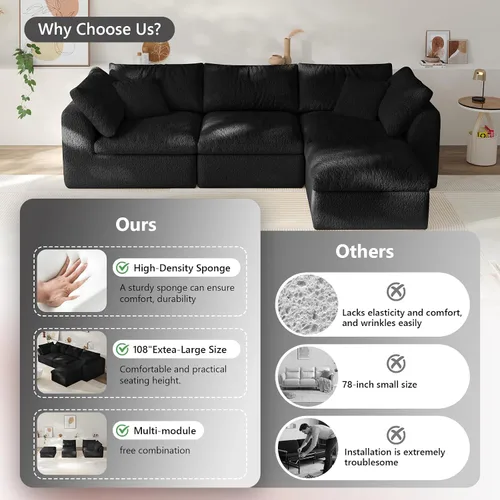 Vista 5 de Sofá modular de nube sin hueso de 108 pulgadas con asiento profundo para sala de estar, sofá en forma de L con otomana, tela de copo de nieve y Negro