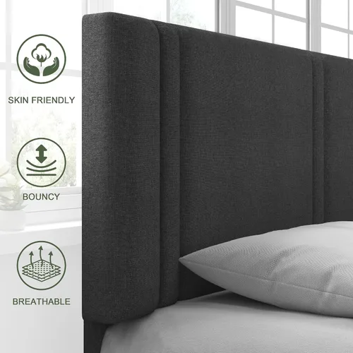 Vista 3 de Feonase Marco de cama de plataforma de tamaño completo, marco de cama tapizado de tela con respaldo alado, listones de madera maciza y soporte