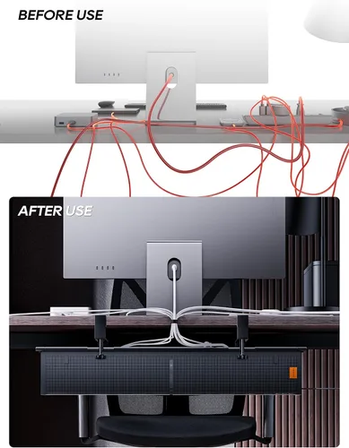 Vista 4 de Bandeja de organización de cables para debajo del escritorio, sin taladro, bridas incluidas, material de lona ecológico, diseño de malla