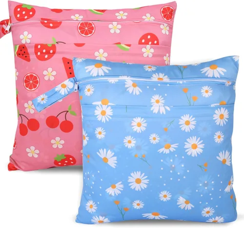 Vista 13 de 2 bolsas de tela para pañales húmedos y secos, bolsa impermeable reutilizable con 2 bolsillos con cremallera y asa, bolsas de lavandería lavables