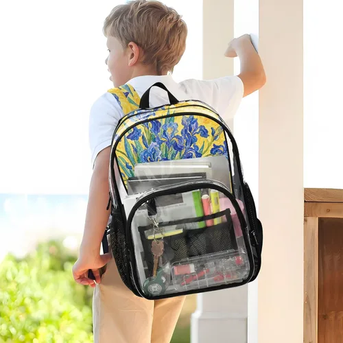 Vista 8 de Mochila transparente con diseño de gato negro y helado para la Lirios de gato azul