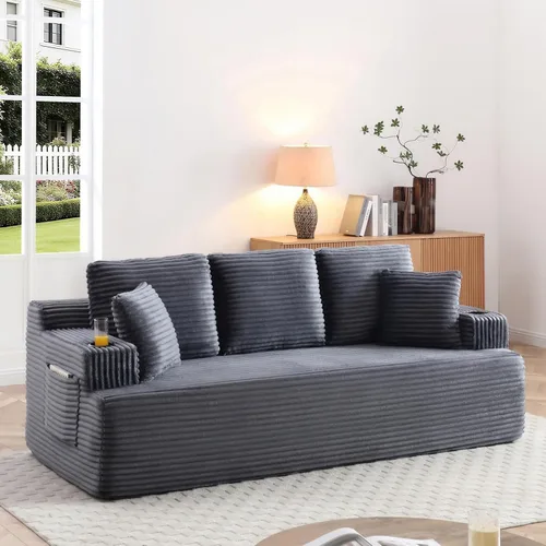 Vista 11 de Sofá sin hueso de 66.5 pulgadas con portavasos y bolsillos laterales, sofá biplaza tapizado de tela de pana moderna con 2 almohadas para sala