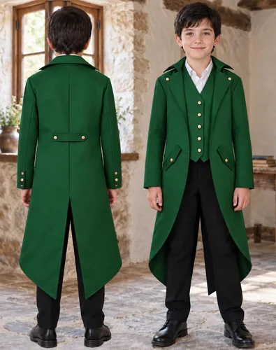 Vista 5 de Chaqueta medieval para niños, disfraz de Halloween, gótico, steampunk, vintage, victoriano, uniforme Verde