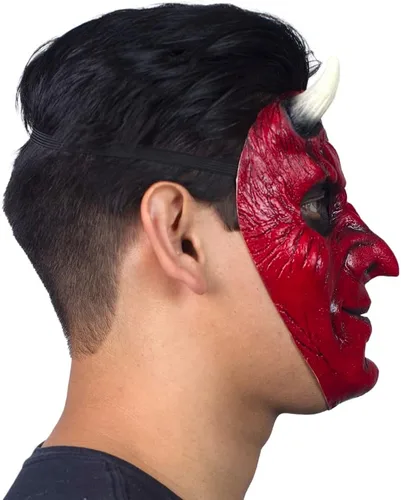 Vista 2 de Ghoulish Productions Máscara de demonio, máscara de diablo rojo. Máscara de látex de cara de demonio feliz. Máscara de látex de talla única