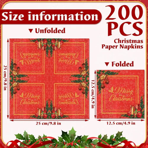 Vista 3 de 200 servilletas de papel de cóctel de Navidad, color rojo y dorado, desechables, servilletas de papel para bebidas navideñas para fiestas de postres