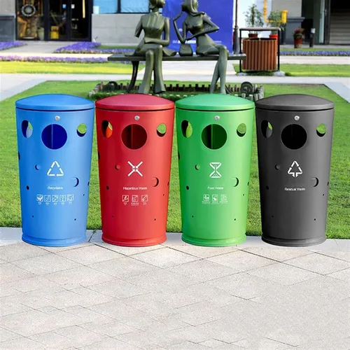 Vista 7 de Bote de basura para exteriores, de acero inoxidable, creativo, redondo, para exteriores, patio, calle, papelera, clasificación de metal, contenedor 1