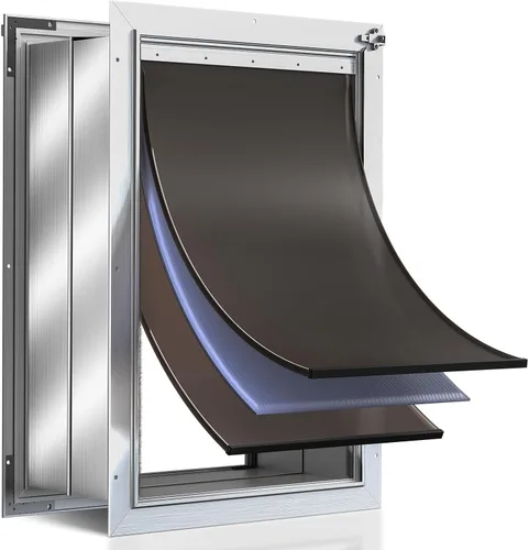 Vista 8 de Puerta de perro grande aislada con 3 solapas para pared, mascotas de hasta 110 libras Rust Proof Aluminum Doggy Door, Heavy Duty Pet Door with