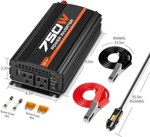 Vista 2 de POTEK - Inversor de corriente de 750W para coche, DC 12V a AC 110V, con puertos de carga de AC duales y puertos USB de 2A para portátil, teléfono