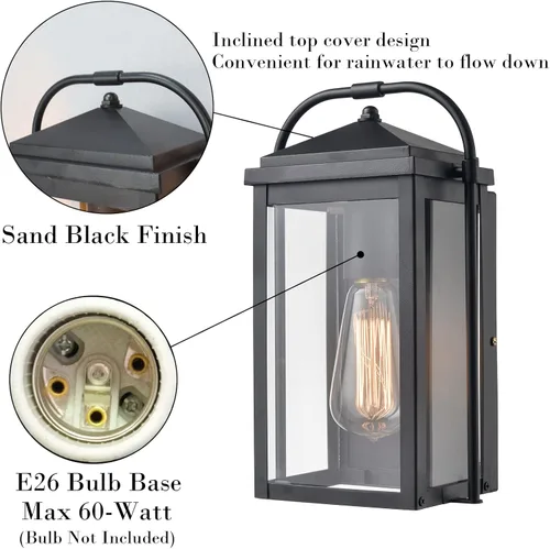 Vista 3 de Lámpara de pared exterior antioxidante negra – Farol de pared impermeable de cristal transparente para exteriores, patio, porche, garaje, puerta