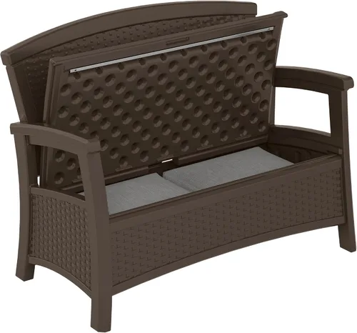 Vista 11 de Suncast Banco de mimbre para exterior con almacenamiento de 23 galones, asientos cómodos para dos, respaldo ergonómico, muebles para todo