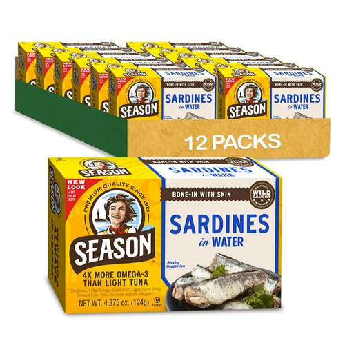 Vista 10 de Season Sardinas en salsa picante, capturadas en la naturaleza, 0.85 oz de proteína, bocadillos Keto, más Omega 3 que atún, Kosher, alto en calcio