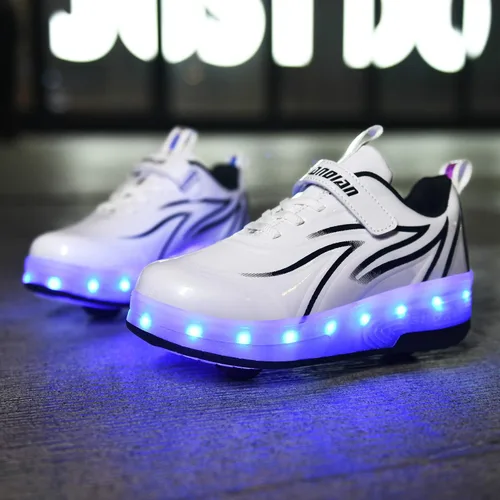 Vista 3 de Qneic Zapatillas de ruedas recargables por USB, zapatos de patinaje con ruedas para niños y niñas, zapatos iluminados para niños