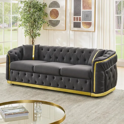 Vista 9 de Sofá Chesterfield de 62.6 pulgadas, moderno de mediados de siglo, sofá de terciopelo blanco beige y dorado, sofás de lujo para sala de estar