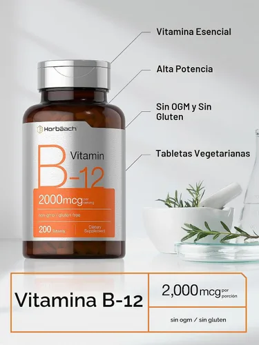 Vista 3 de Horbäach Vitamina B12 2000 mcg 200 Tabletas como Cianocobalamina
