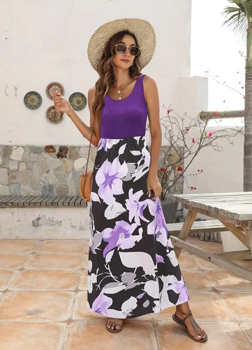 Vista 7 de BLUETIME - Vestido largo de verano, sin mangas, con estampado floral, estilo bohemio, para mujer (S-3XL)