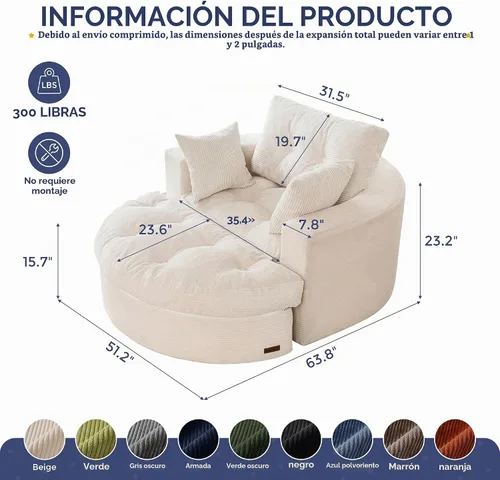 Vista 2 de MAXYOYO Sofá redondo de gran tamaño, silla deshuesada con otomana Puffinest Style Beige