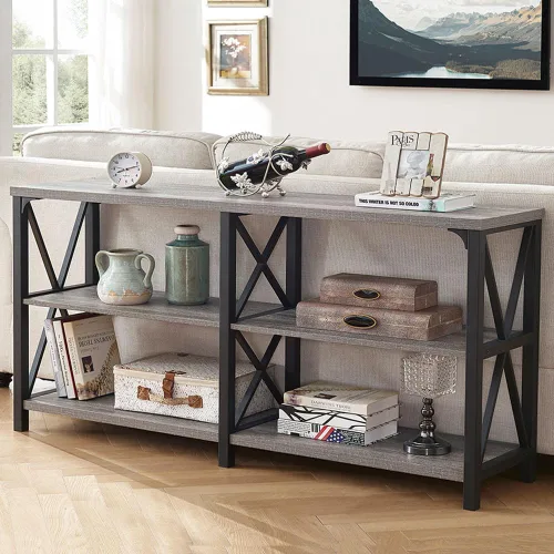 Vista 10 de LVB Mesa de sofá rústica, mesa consola de granja para sala de estar, mesa de entrada de pasillo con almacenamiento, mesa de entrada para vestíbulo