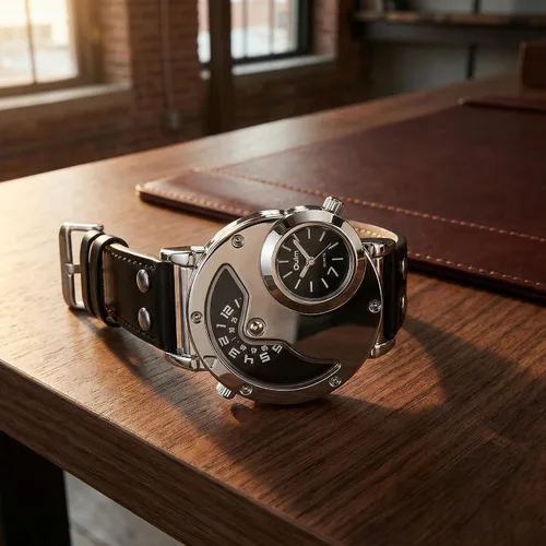 Vista 3 de MJSCPHBJK Reloj de pulsera analógico único para hombre, sumergible, de moda, de vestir, de cuarzo, con dial doble, diseño genial, banda de cuero