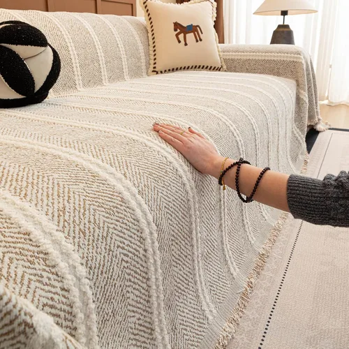 Vista 7 de HANDONTIME Chevron Pattern Couch Cover Vertical Striped Jacquard Sofa Cover Modern Minimalist, Khaki and White, Sofa Covers Washable, Pet Friendly