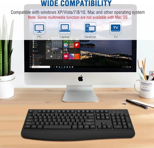 Vista 7 de EDJO Teclado inalámbrico, 2.4G ergonómico de tamaño completo, teclado inalámbrico de computadora con reposamuñecas para Windows, Mac