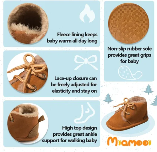 Vista 5 de Miamooi Botas de invierno para bebés, niños y niñas, para recién nacidos, cálidas, de forro polar, antideslizantes, con cordones, zapatos