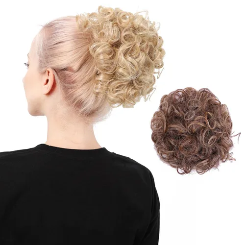 Vista 15 de Moño de cabello rizado desordenado, pieza de cabello sintético resistente al calor, extensiones de moño de cabello despeinado con cordón Updos Negro