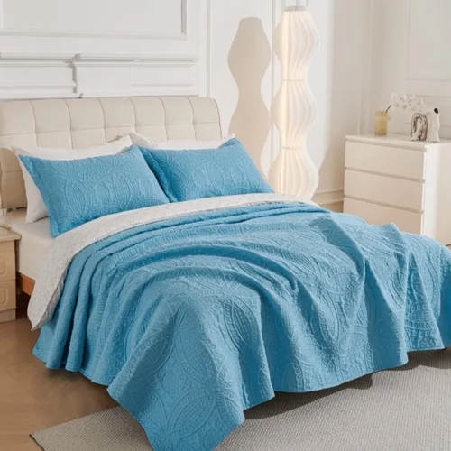 Vista 8 de Legacy Decor Colcha reversible de 3 piezas, diseño de retazos azules y blancos, microfibra ultra suave, tamaño individual