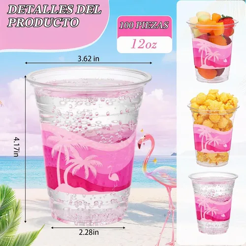 Vista 2 de Rtteri 100 vasos Luau de 12 onzas, vasos de plástico hawaiano tropical para fiesta, a granel, vasos desechables de palmera de coco y coco