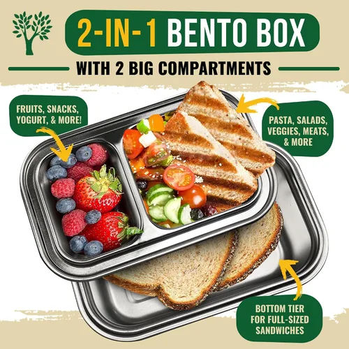 Vista 4 de GreenLunch Bento Caja Bento de Acero Inoxidable, Lonchera Libre de BPA con Compartimentos para Snacks, Contenedores de Lonchera Resistentes a