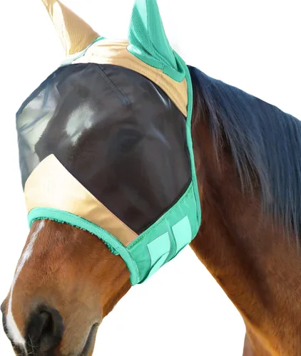 Vista 26 de Harrison Howard Máscara de mosca de caballo luminosa profesional estándar con orejas protección UV para caballo, azul y plateado, pequeño poni Azul