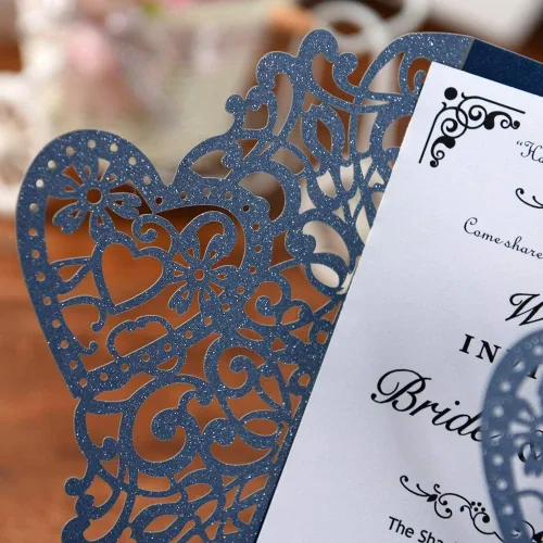 Vista 7 de FOMTOR Kit de invitaciones de boda cortadas con láser, 50 paquetes de invitaciones de boda cortadas con láser con papel imprimible en blanco y Azul