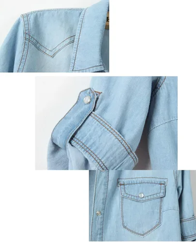 Vista 4 de Omoone - Camisa corta de mezclilla para mujer, con manga 34 y nudo