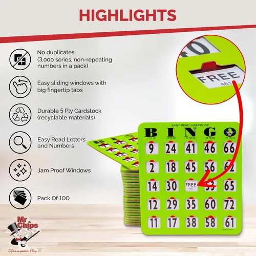 Vista 3 de MR CHIPS 100 tarjetas de bingo fáciles de leer con obturador y jaula negra misteriosa con bolas eternas y tablero maestro
