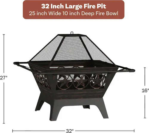 Vista 6 de Chimenea para exterior de 32 pulgadas cuadrada con forma de estrella para quemar madera, con pantalla de chispas, atizador, rejilla y cubierta
