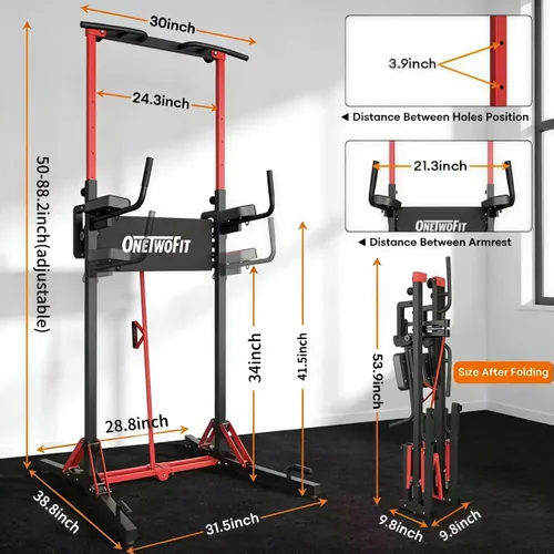 Vista 2 de ONETWOFIT Foldable Power Tower Pull Up Bar Dip Station, Multi-Function Adjustable Height, Strength Training, 400LBS Capacity