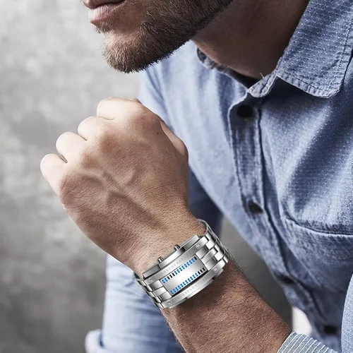 Vista 11 de Binary Matrix Blue led - Reloj Digital para hombre, moda clásica y creativa, color negro chapado