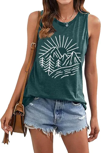Vista 3 de Camisetas sin mangas de senderismo y montaña para mujer, divertidas camisetas de entrenamiento con gráficos de pino y amanecer, camisetas de verano