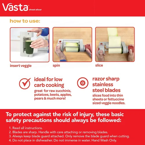 Vista 5 de Vasta - Cortador de verduras y hojas de frutas, cuchillas de acero inoxidable sin BPA, crea espaguetis y pappardelle bajos en carbohidratos, keto