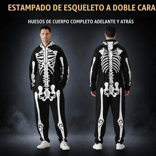 Vista 2 de Disfraz de esqueleto de Halloween para hombres y mujeres, overol
