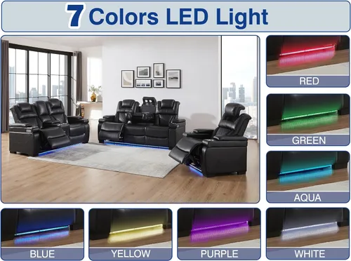 Vista 7 de THSUPER Juego de sofás reclinables de cuero transpirable con potencia con luz LED, asientos reclinables de cine en casa con reposacabezas