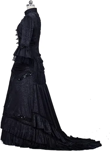 Vista 3 de Black Victorian Bustle Dress Gown Halloween Costume Steampunk Victorian Gothic Cosplay Costume