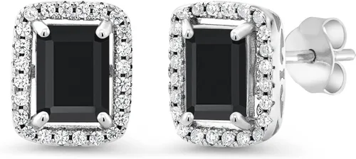 Vista 29 de Gem Stone King Aretes de plata de ley 925 con piedra natal Corte esmeralda de 0.315 x 0.236 in Aretes de halo para mujer