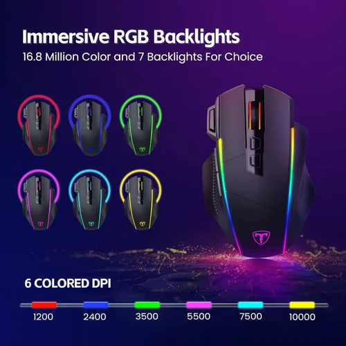 Vista 3 de RisoPhy Ratón inalámbrico para juegos, triple modo 2.4GUSB-CBluetooth hasta 10000DPI, retroiluminación Chroma RGB, mouse ergonómico con 8 botones
