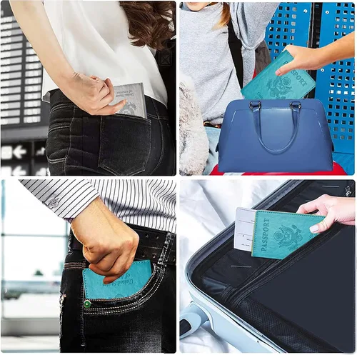 Vista 4 de Combo de soporte para pasaporte, pasaporte y tarjetero de vacunación, Gris plateado + azul marino, piel sintética