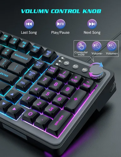 Vista 4 de Combo de teclado y mouse para juegos Retroiluminación RGB 14 efectos de iluminación, teclado de computadora con cable USB, anti-fantasma de 26