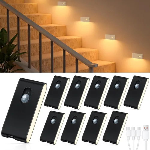 Vista 8 de WILLED Luz nocturna recargable, luces inalámbricas para escaleras para interiores, luz blanca cálida con sensor de movimiento para interiores, se